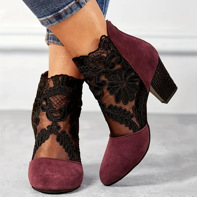 Vesper | Women's Floral Lace Block Heel Ankle Boot - Burgundy - Image 2