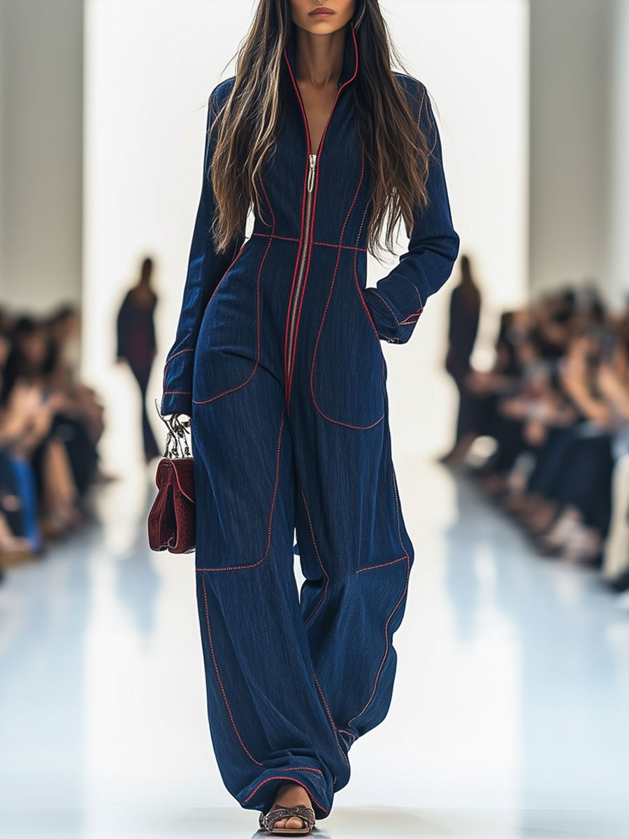 Vesper | Women's Zip-Up Wide Leg Long Sleeve Jumpsuit - Navy - Image 1