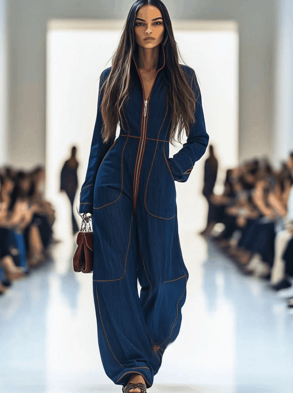 Vesper | Women's Zip-Up Wide Leg Long Sleeve Jumpsuit - Navy - Image 2