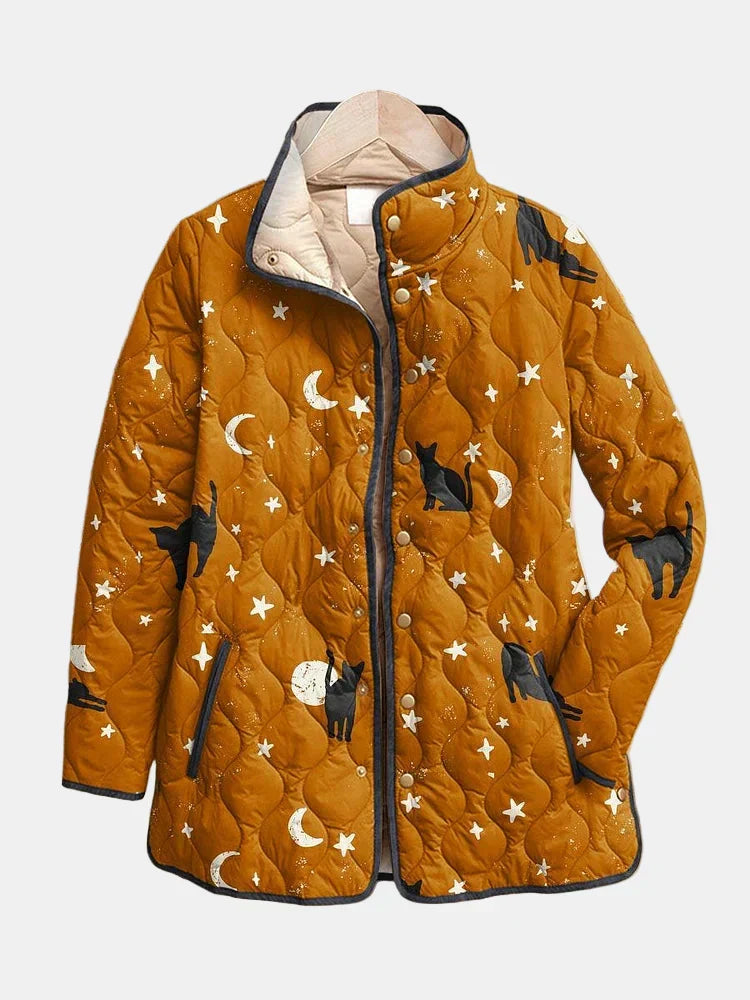 Vespera | Women's Quilted Celestial Print Jacket - Orange - Image 1