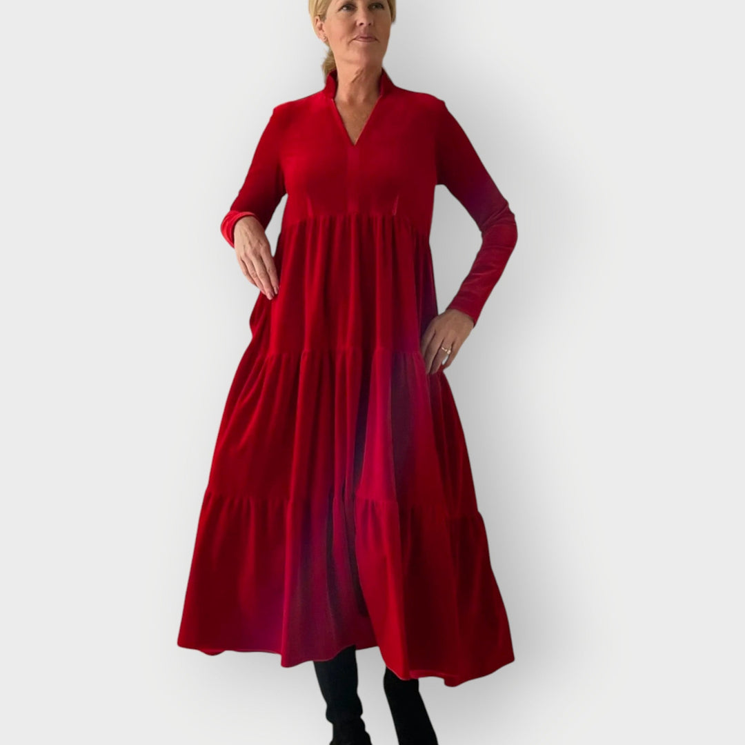 Vespera | Women's V-Neck Long Sleeve Maxi Dress - Red - Image 1