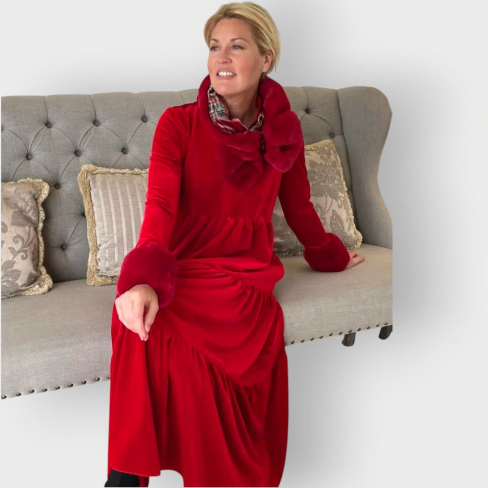 Vespera | Women's V-Neck Long Sleeve Maxi Dress - Red - Image 2
