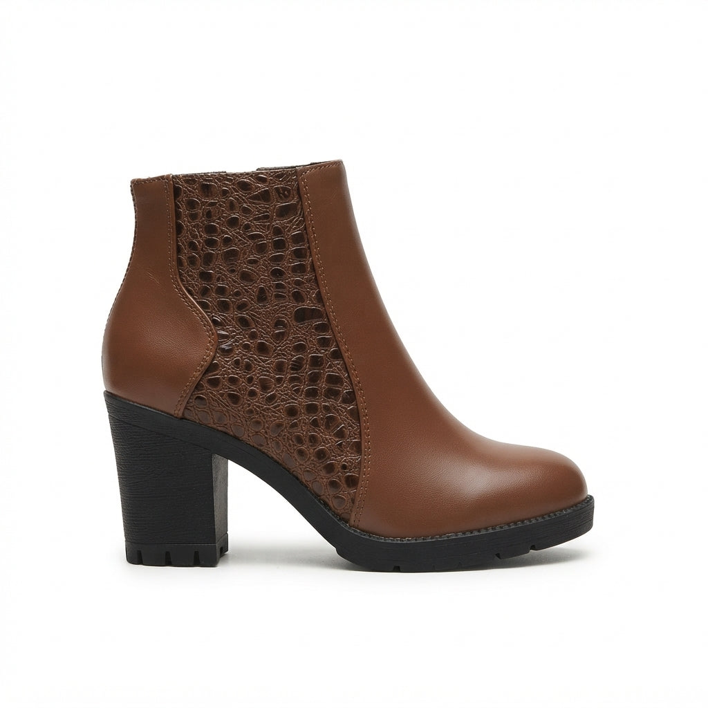 Vespra | Women's Croc Ankle Boot Block Heel - Brown - Image 1