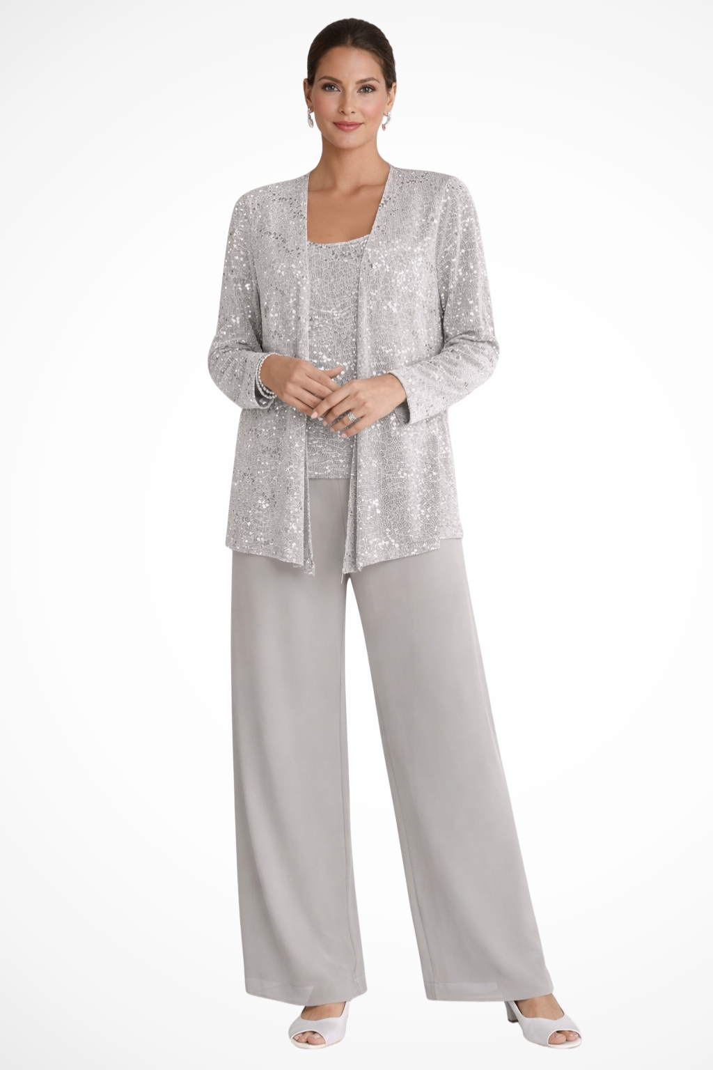 Vivette | Women's Sequin 3 Piece Wide Leg Pant Set - Light Grey - Image 1