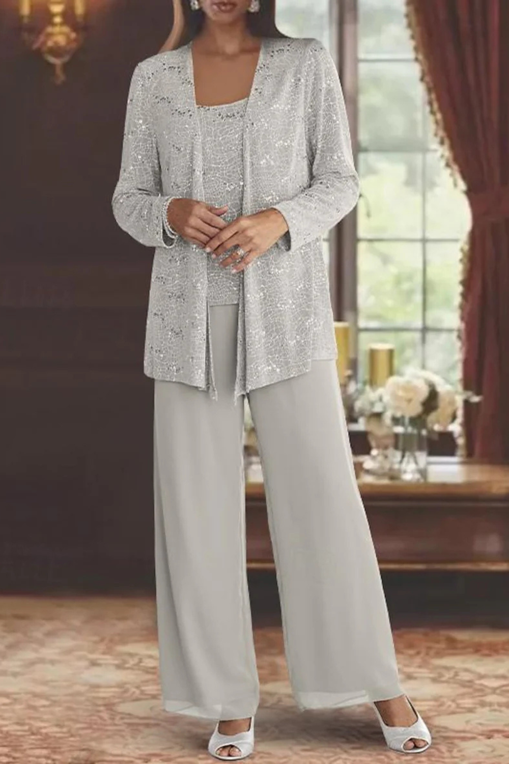 Vivette | Women's Sequin 3 Piece Wide Leg Pant Set - Light Grey - Image 2