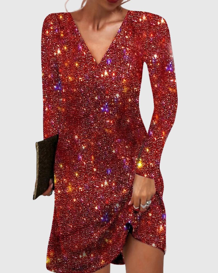 Vornara | Women's Sequin Party Dress Long Sleeve Mini - Red - Image 1
