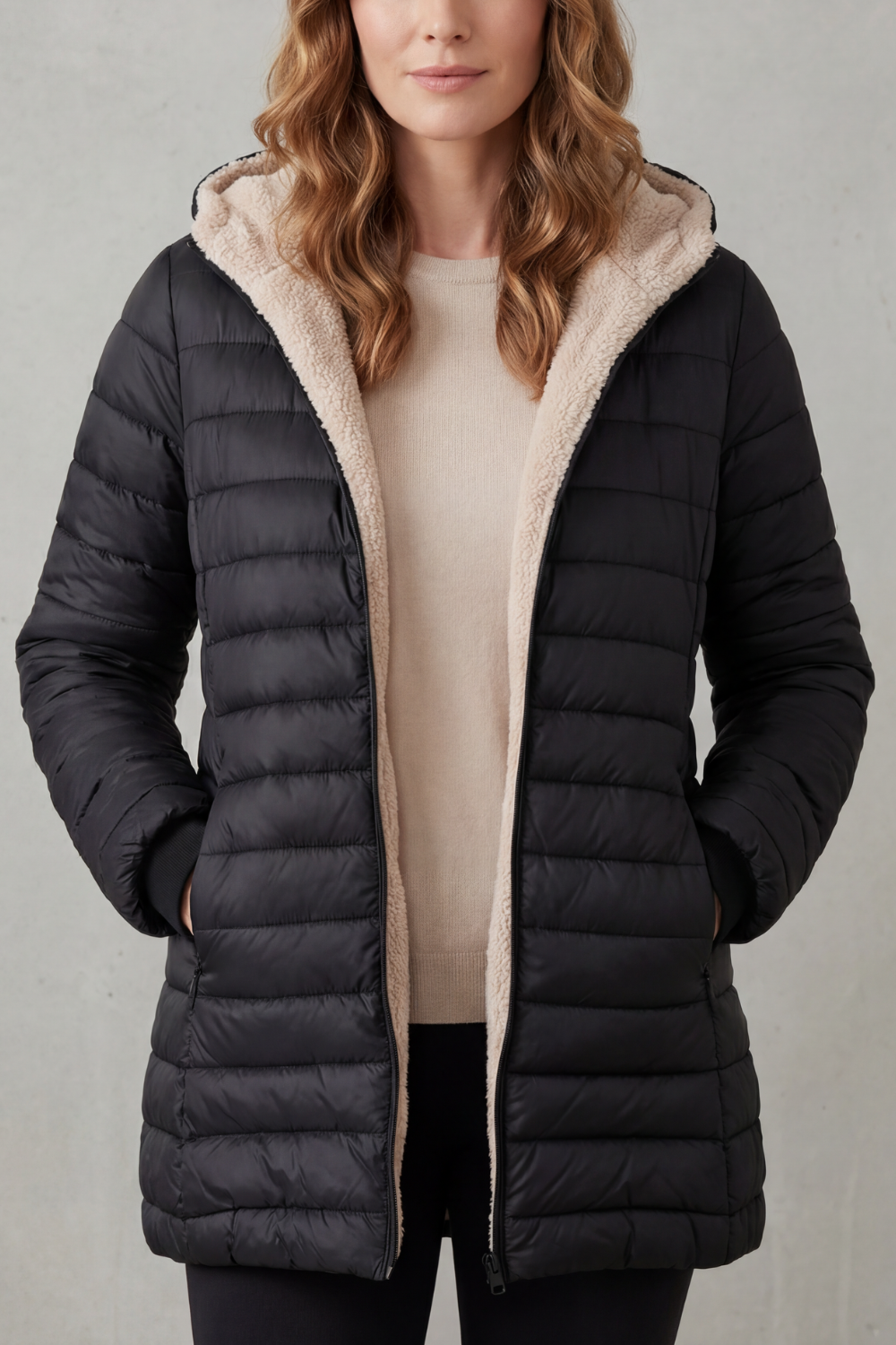 Vornelle | Women's Hooded Puffer Jacket with Sherpa Lining - Black - Image 1