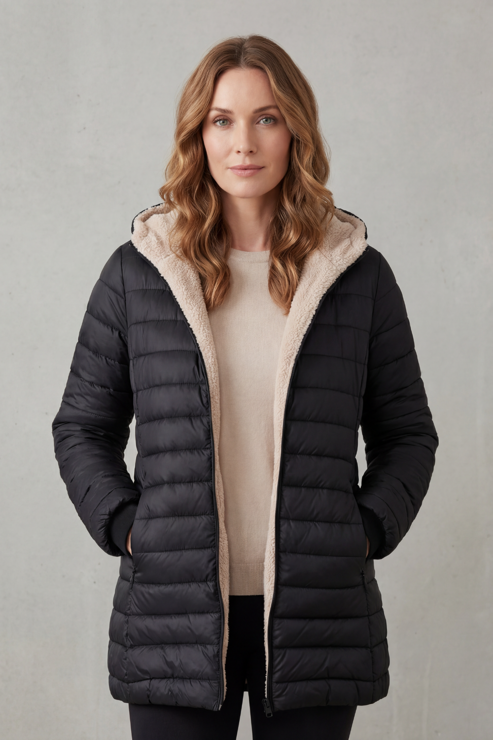 Vornelle | Women's Hooded Puffer Jacket with Sherpa Lining - Black - Image 2