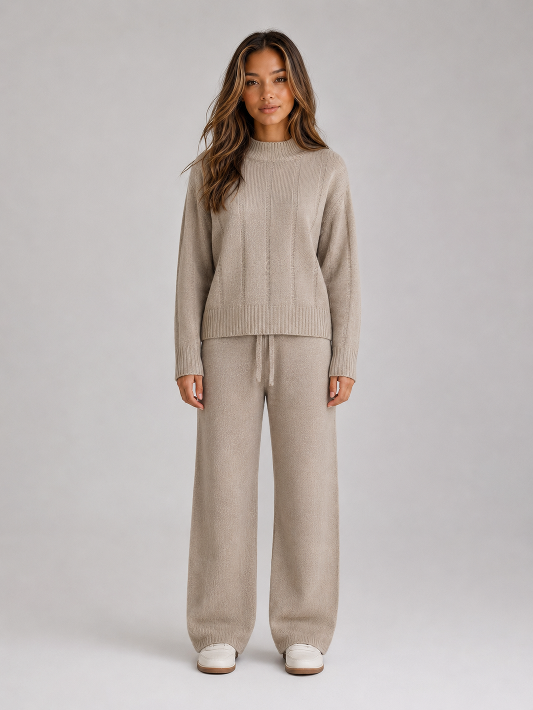 Vornwick | Women's Knit Lounge Set Wide Leg Co-ord - Taupe - Image 1