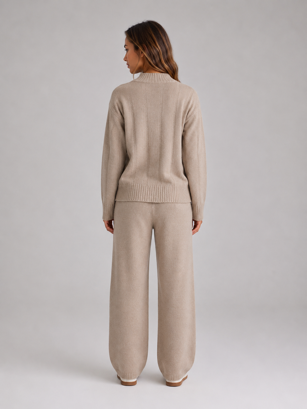 Vornwick | Women's Knit Lounge Set Wide Leg Co-ord - Taupe - Image 2