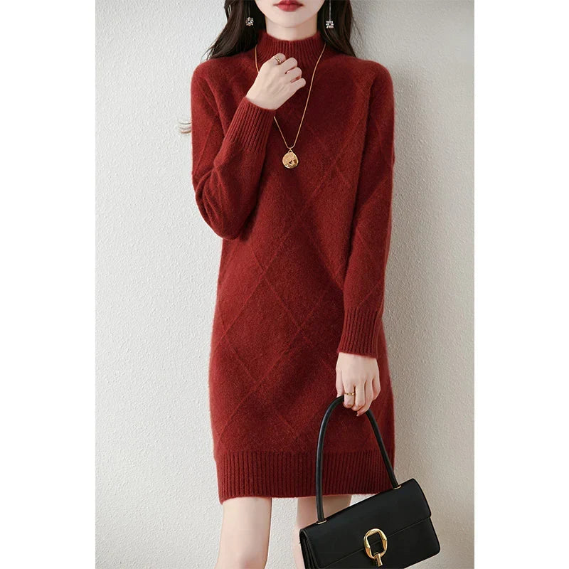 Vornwyn | Women's Turtleneck Ribbed Jumper Dress - Burgundy - Image 1