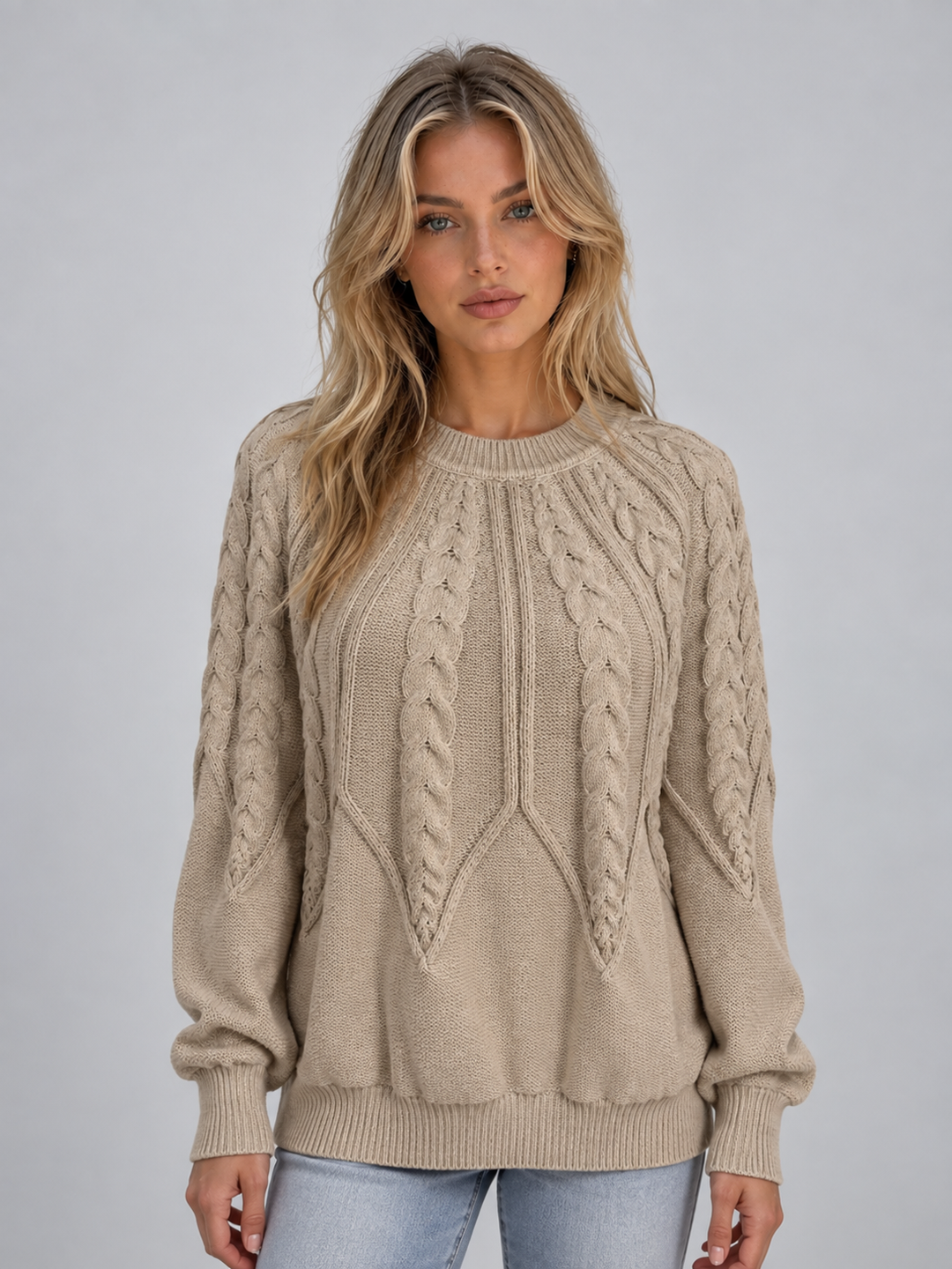 Vrenova | Women's Cable Knit Jumper Crew Neck - Beige - Image 1