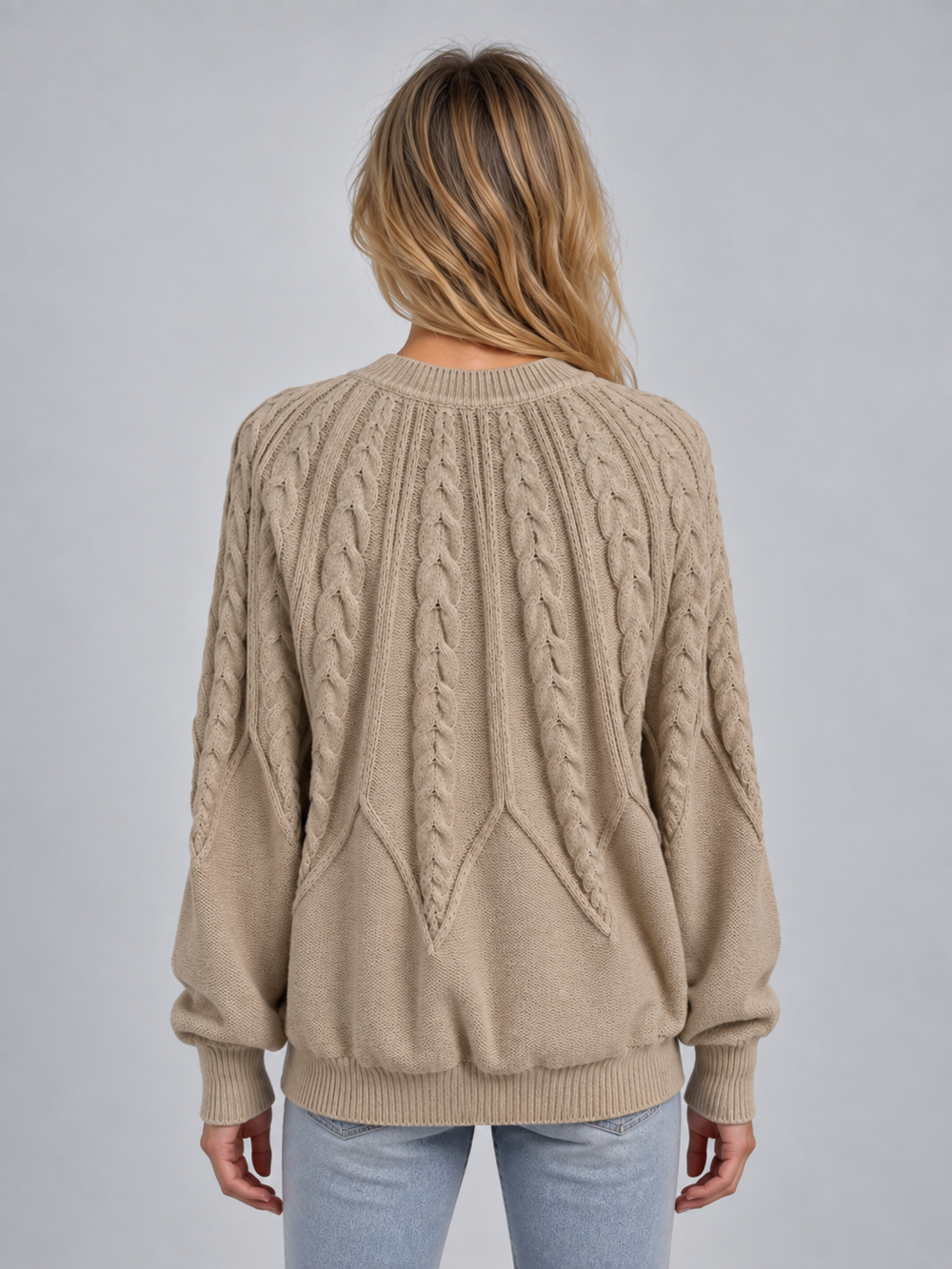 Vrenova | Women's Cable Knit Jumper Crew Neck - Beige - Image 2