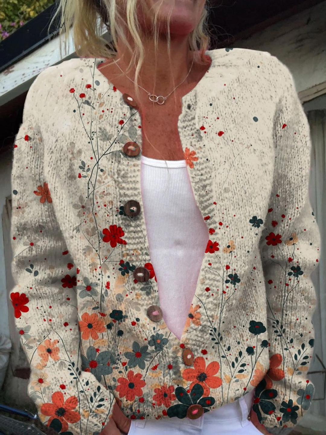Winifred | Women's Floral Print Knit Cardigan - Cream - Image 1