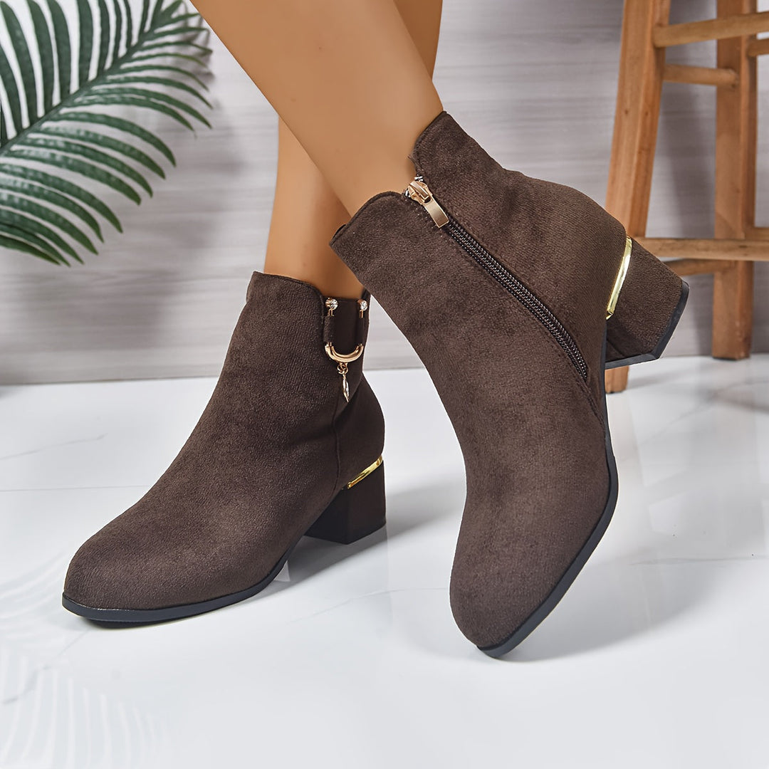 Wren | Women's Block Heel Ankle Boot with Side Zip - Dark Brown - Image 1