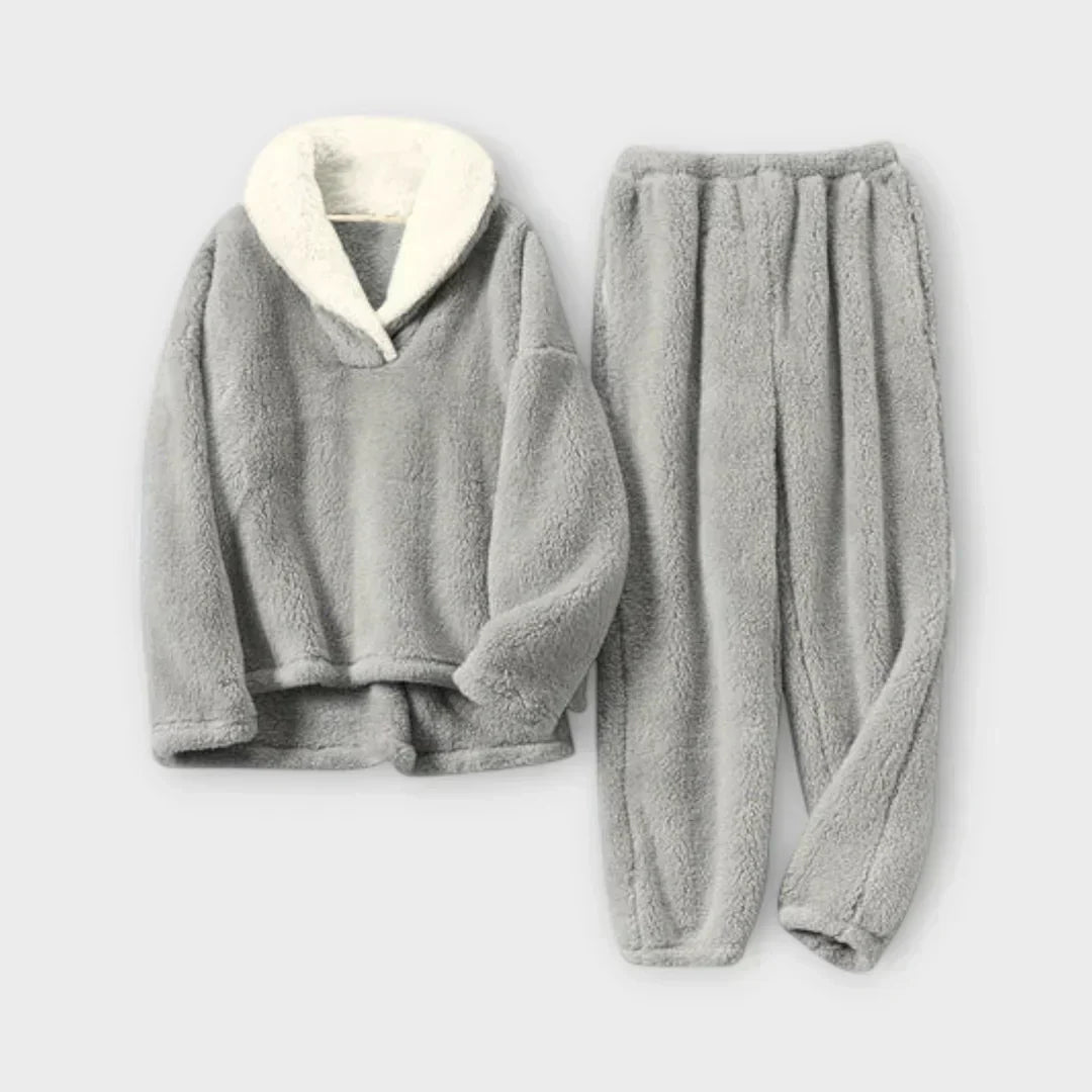 Wrenara | Women's Fleece Lounge Set with Sherpa Collar - Light Grey - Image 1