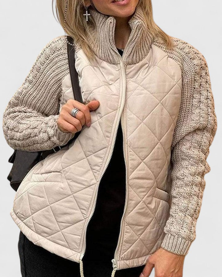 Wrenara | Women's Quilted Jacket with Knit Sleeves - Beige - Image 1