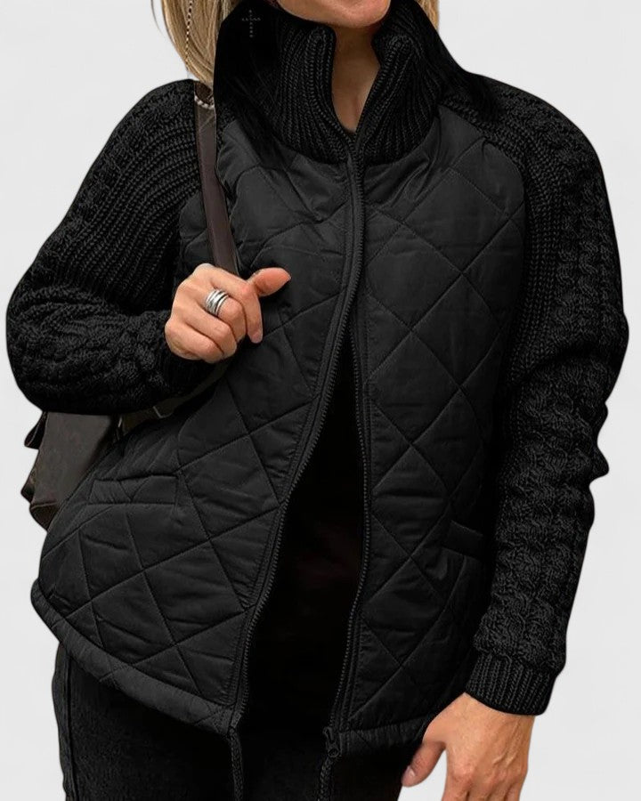 Wrenara | Women's Quilted Jacket with Knit Sleeves - Beige - Image 2