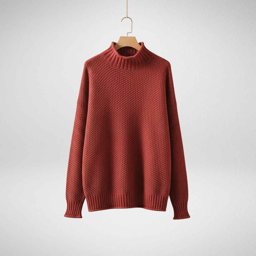 Wrenlow | Women's Chunky Knit Jumper Mock Neck - Burgundy - Image 1