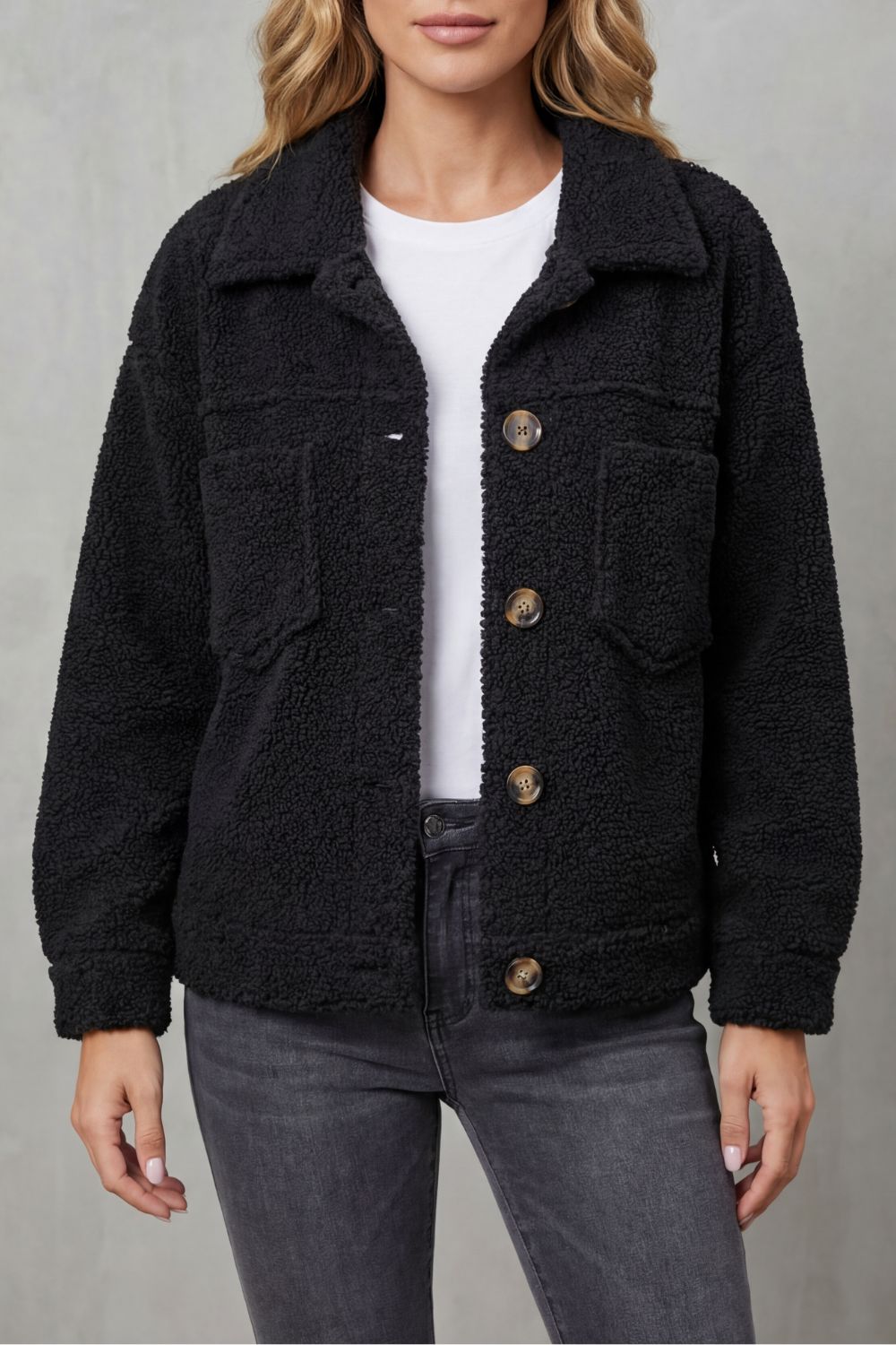 Wrenova | Women's Fleece Teddy Jacket - Black - Image 1