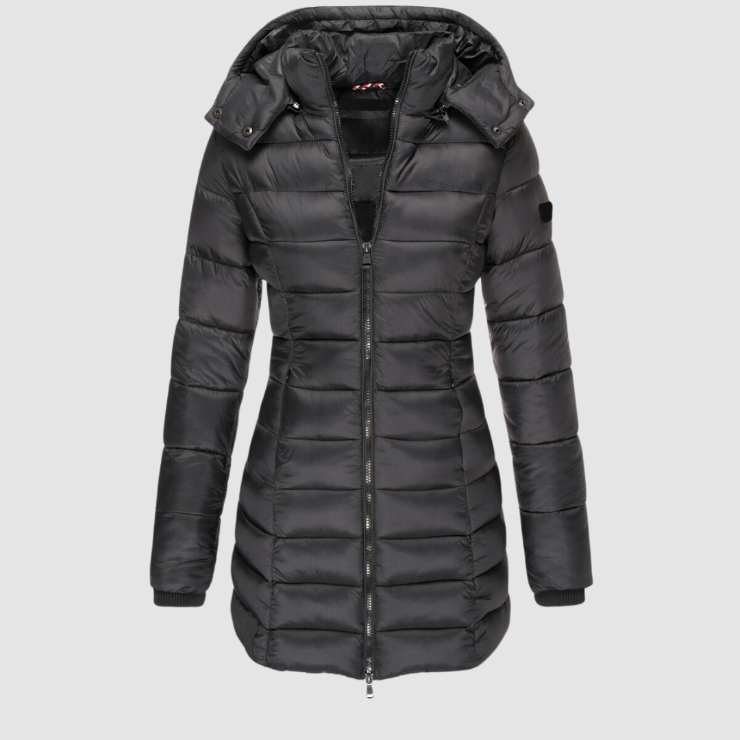 Wrenova | Women's Hooded Puffer Jacket Mid-Length - Dark Grey - Image 1