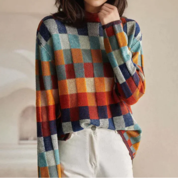 Wrenova | Women's Turtleneck Ribbed Jumper Colourblock - Image 2