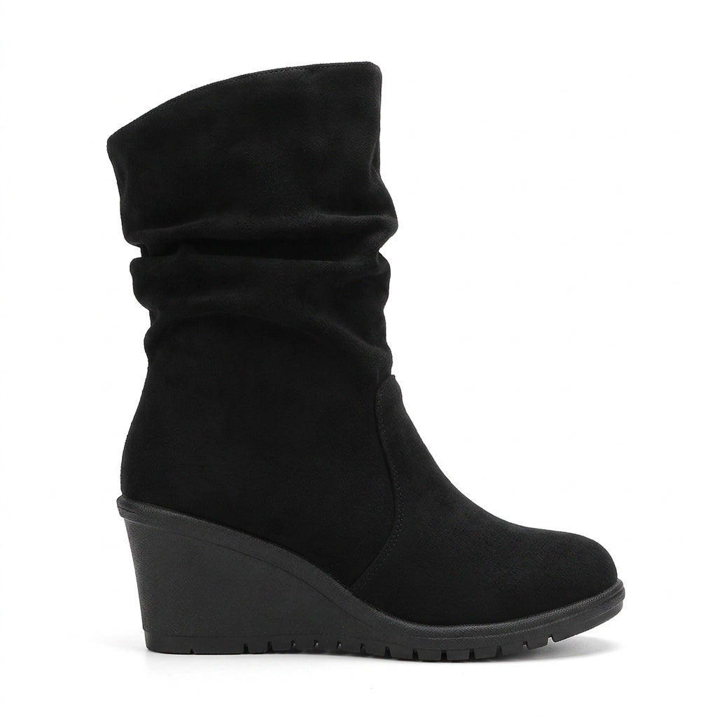 Wrenova | Women's Wedge Heel Slouch Boots - Black - Image 1